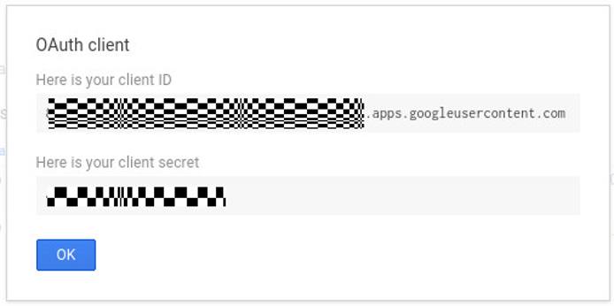 The Client ID and Client secret strings generated by google. The Client ID and Client secret strings generated by google.