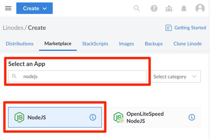 Select the Node.js Marketplace App Select the Node.js Marketplace App