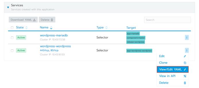 Rancher Services section - View/Edit YAML option highlighted