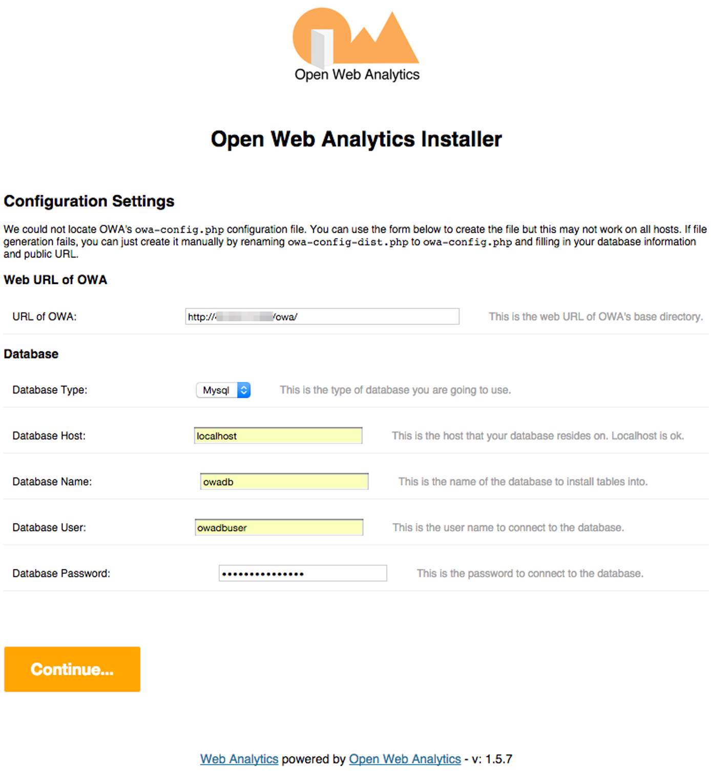 Open Web Analytics set up screen. Open Web Analytics set up screen.