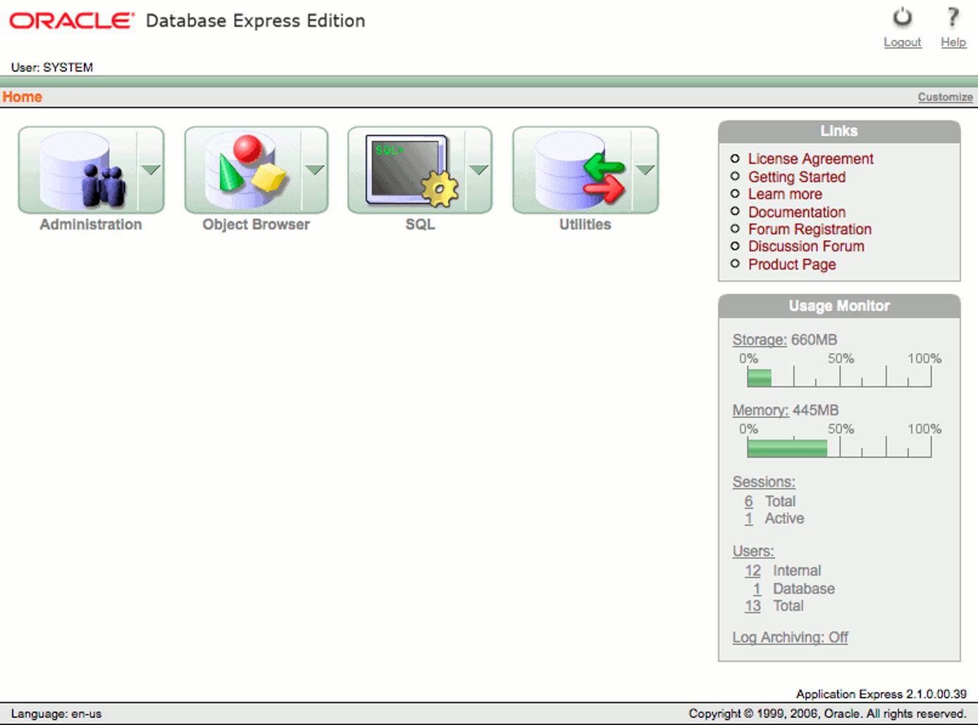 The Oracle XE administration home page. The Oracle XE administration home page.