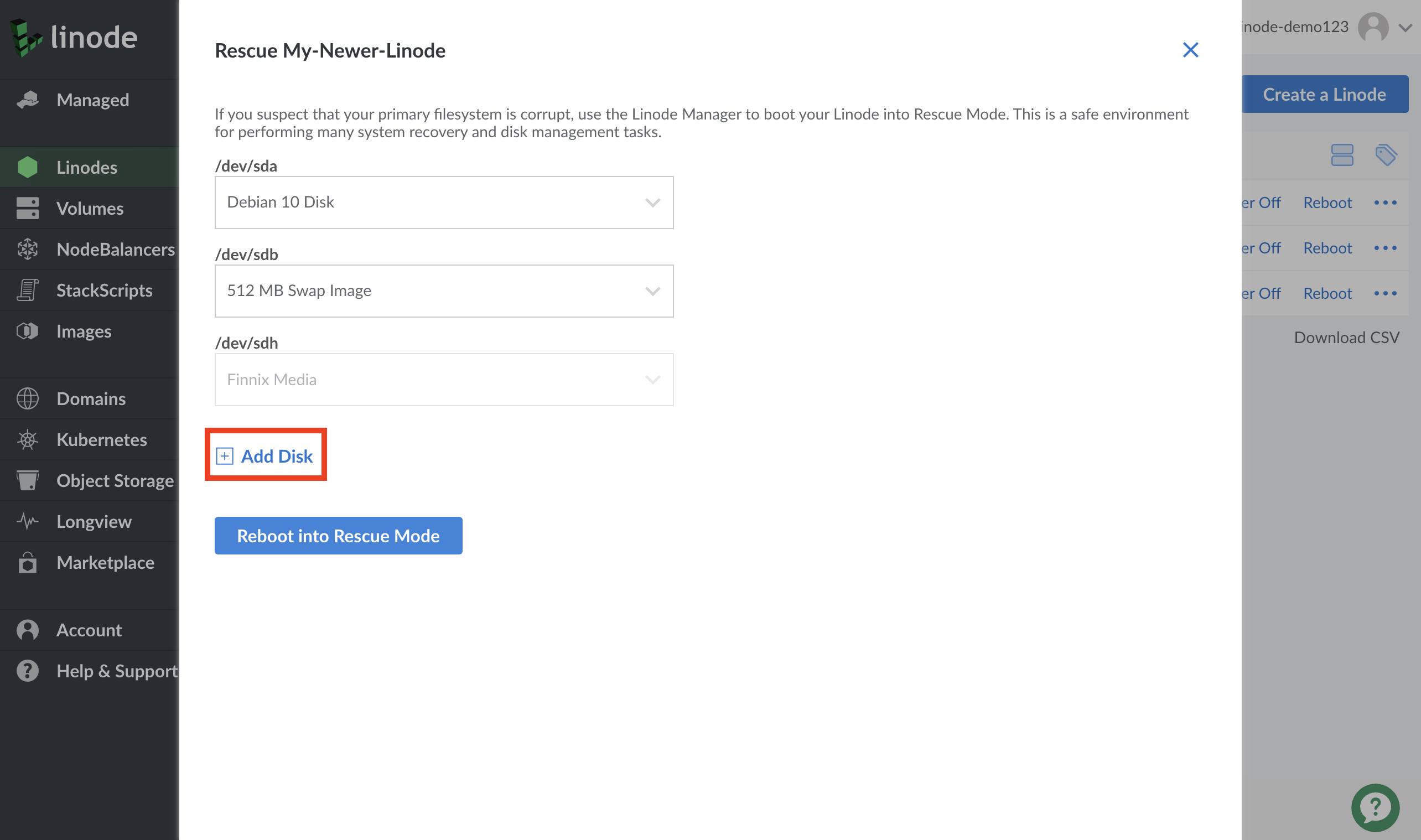 Linode Cloud Manager Rescue form - Add Disk highlighted