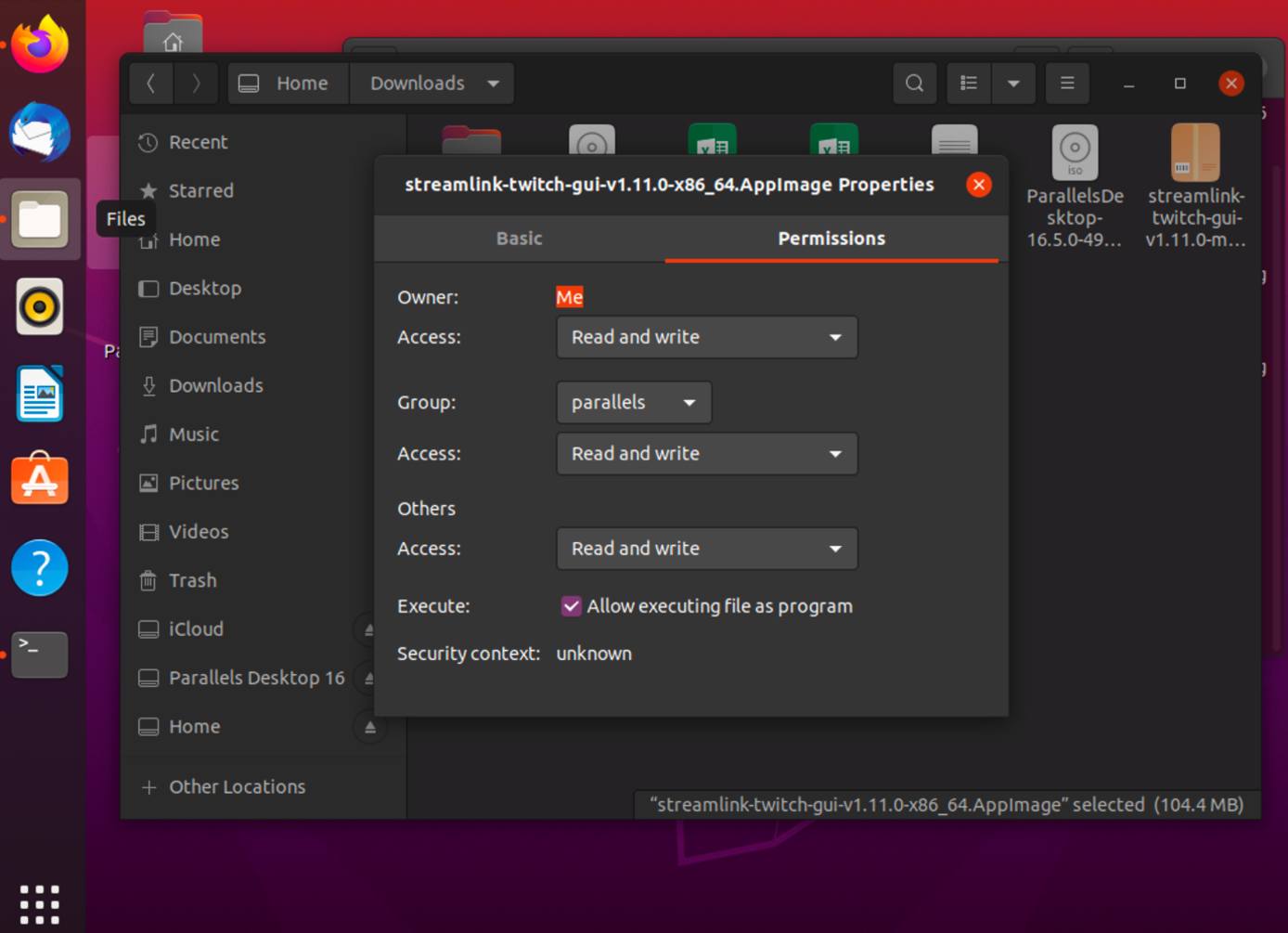 Right-click on the downloaded file and select Permissions Right-click on the downloaded file and select Permissions