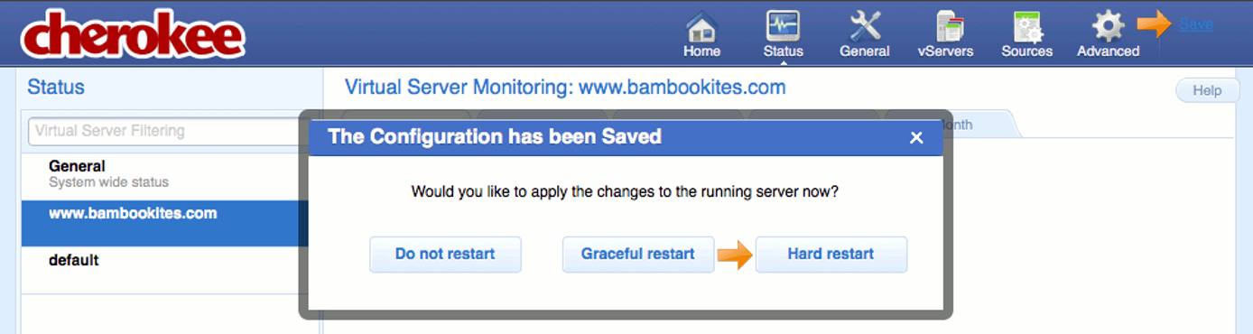 Saving changes and restarting the web server in the Cherokee admin panel on Fedora 13. Saving changes and restarting the web server in the Cherokee admin panel on Fedora 13.
